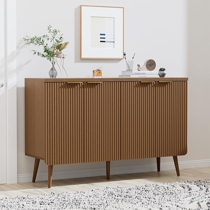 Fluted Buffet Cabinet – Modern Wood Sideboard with 4-Doors & Shelves, Multifunctional Storage Cabinet & Credenzas for Entryway, Dining & Living Room, Black