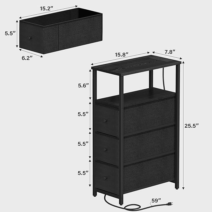 TUTOTAK Narrow Night Stand with Charging Station, Slim End Table with Plugins, Tall Side Table with 3 Fabric Drawer, Small Bedside Table with Storage, Set of 2, Living Room, Bedroom, Black TB01BK073