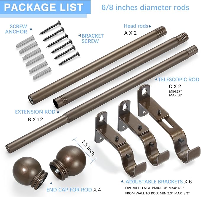 Curtain Rods for Windows 16 to 120 Inches, Curtain Rod Max Adjustable Length of 132 IN, 6/8" Diameter Drapery Rods Round Finials, Brown, Pack of 2