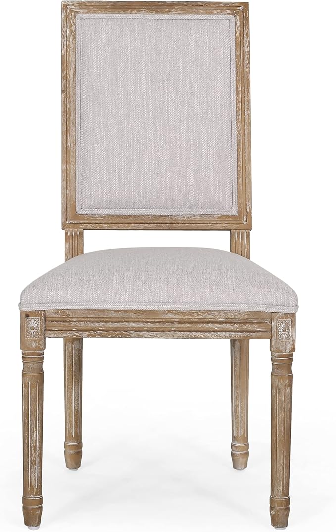 Christopher Knight Home Regina French Country Dining Chairs Set of 2, Wooden Dining Room Chair, High Back Kitchen Side Chair, Fabric Upholstered Armless Extra Seat, Light Gray and Natural