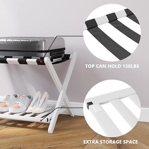 2 Packs Fully Assembled White Luggage Racks with Shoe Shelf, Folding Suitcase Stand with 5 Straps, Wooden Luggage Stand Ideal for Guest Room, Bedroom, Hotel