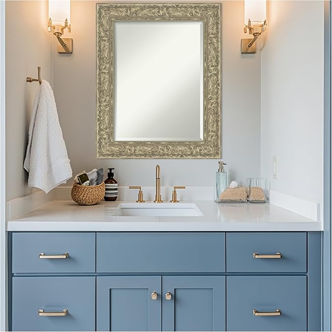 Amanti Art Silver Bathroom Mirror for Over Sink, 31x25 Luxe Antique Silver Rectangle Vanity Mirror, Medium Traditional Frame, Hangs Horizonally and Vertically, Bathroom Wall Decor, Beveled Edge