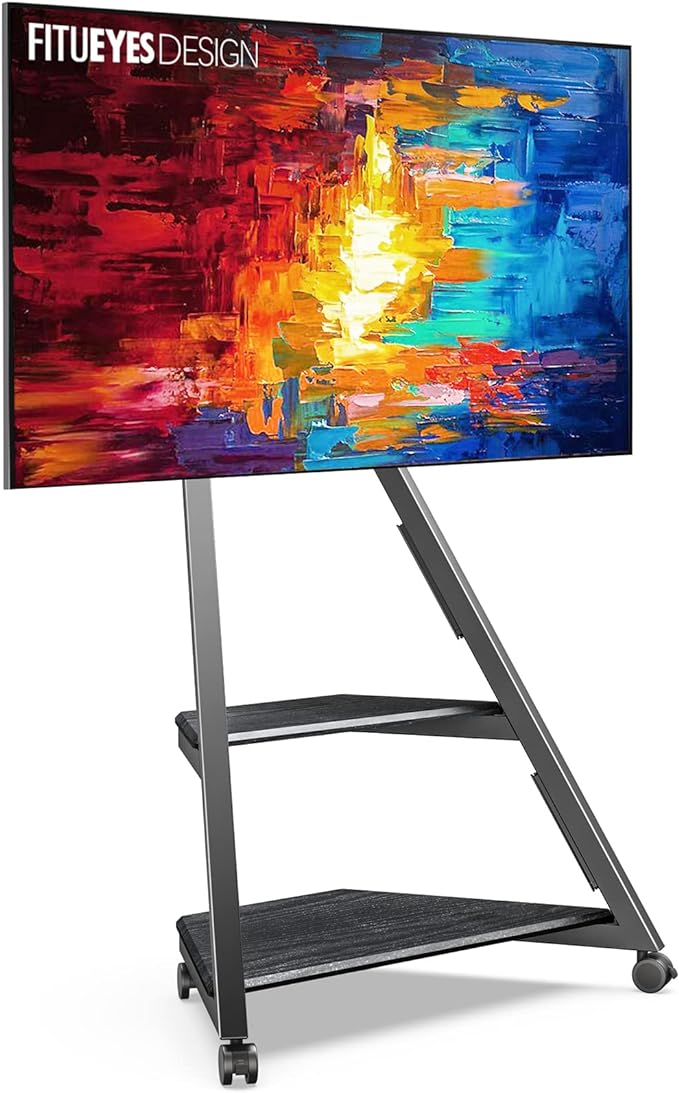 FITUEYES Design Corner TV Stand for 32 43 50 55 65 Inch TVs, Small Spaces Floor TV Stand Rolling TV Cart for LCD/LED Flat Curved Screens, Modern Living Room Television Stands, Eiffel Series, Black