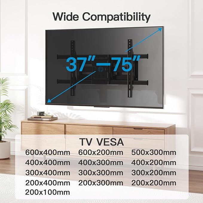 Pipishell Full Motion TV Wall Mount for Most 37-75 Inch TVs up to 132lbs, Wall Mount TV Bracket Articulating Swivel Tilt Extension Leveling Max VESA 600x400mm Fits 12/16" Wood Stud, PILFK1