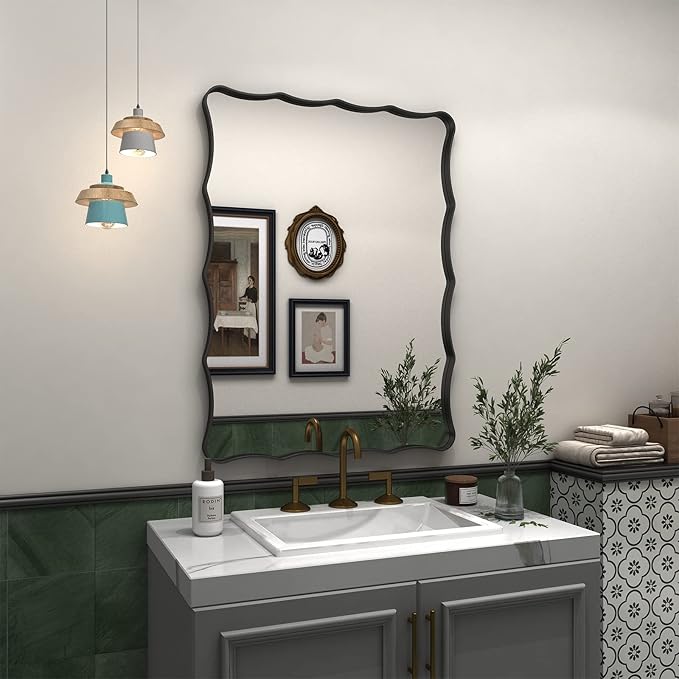 24x32 Black Bathroom Mirror for Wall, Rectangle Framed Mirror for Bathroom, Decorative Wall Mirror with Wavy Frame, Anti-Rust(Horizontal/Vertical)