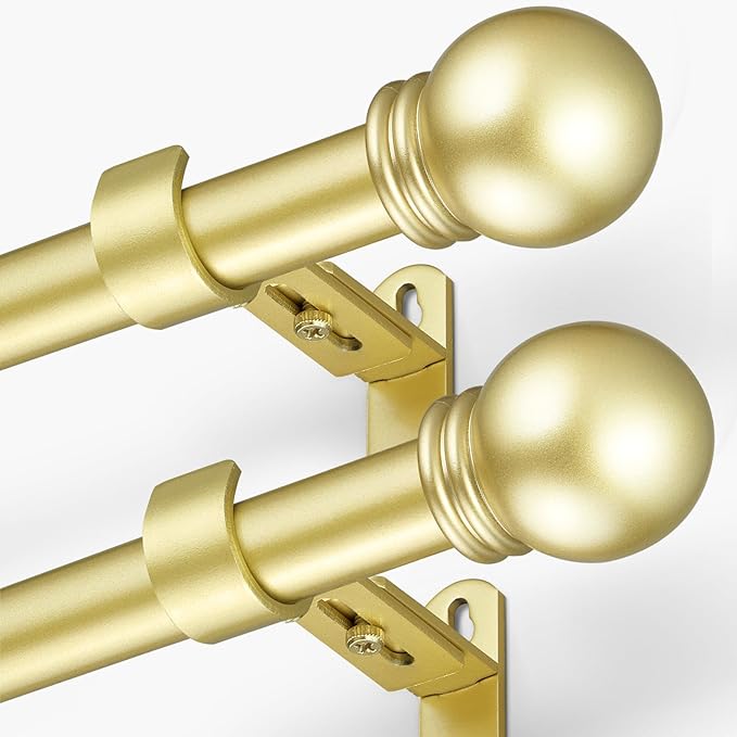 Curtain Rods for Windows 16 to 48 Inches, Curtain Rod Max Adjustable Length of 60 IN, 1" Diameter Drapery Rods Round Finials, Warm Gold, Pack of 2