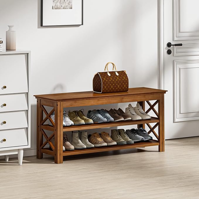 Bamworld Shoe Rack Bench with Storage 3 Tier Bamboo Shoe Bench Entryway Rustic Solid Wood Entryway Bench (X-Brown,39.4")