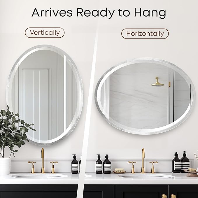 OVALCREST - Oval Wooden Beveled Wall Mirror for Home Decor, Bathroom, Vanity, Bedroom, Living Room, Hallway - London Style (Silver Leaf with Brown Antique) 31.1 x 41.1