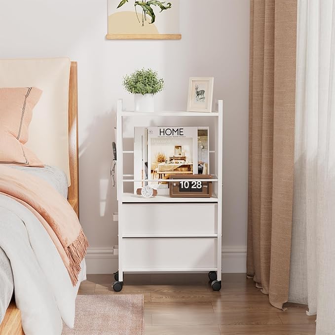Small Narrow Side Tables for Small Spaces, Skinny Bedside End Table Nightstand with Drawers&Wheels, Slim Desk Stand Magazine Rack with Storage Bag for Sofa Living Room Couch Bedroom (White)