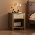 Rattan Nightstand, Mid Century Modern Bedside Table with Opening Storage,Large Side Table with Drawer,Boho Night Stand,Wooden End Table,Handmade Solid Wood Handle,Walnut CTG65BR