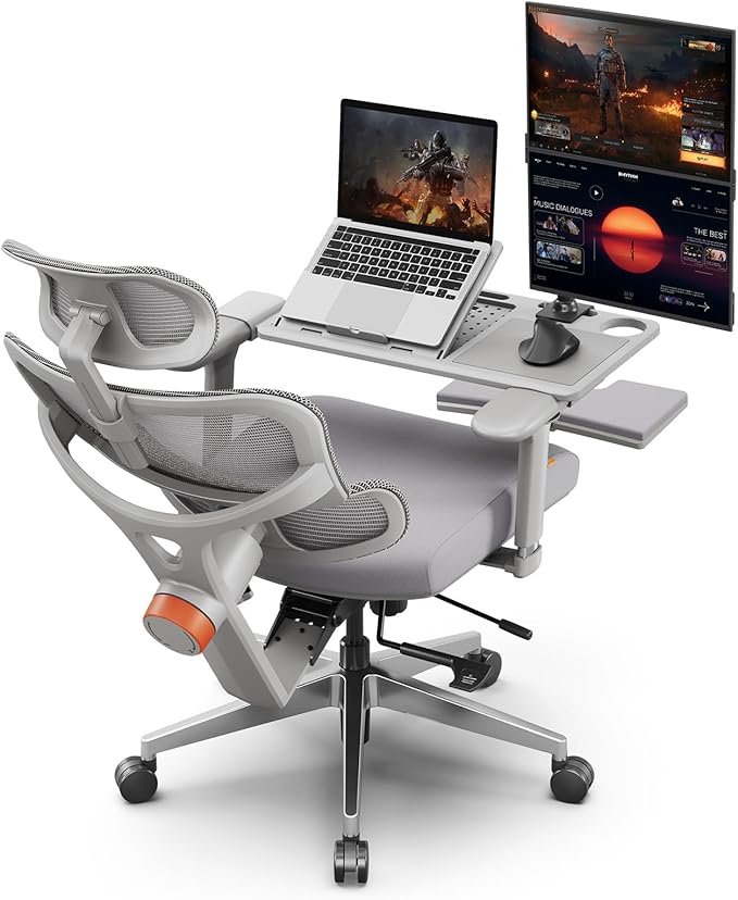 Newtral Office Chair Ergonomic - Home Office Desk Chair, Big and Tall Office Chair, Auto-Following Lumbar Support, 4D Armrest, Adjustable Seat Depth and Heigt (with Footrest + Laptop Tray, Gray)