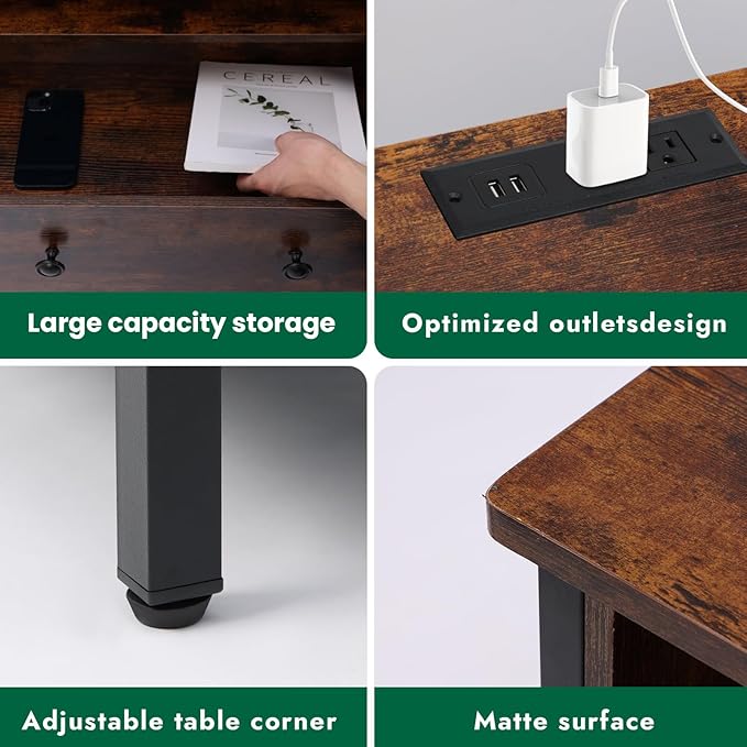 27 Inch Wide Night Stand, Large Wood Night Stand with 2 Drawers, LED Nightstand with Charging Station and Adjustable Drawer, Bedside Table for Living Room/Bedroom/Study/Office, Retro.