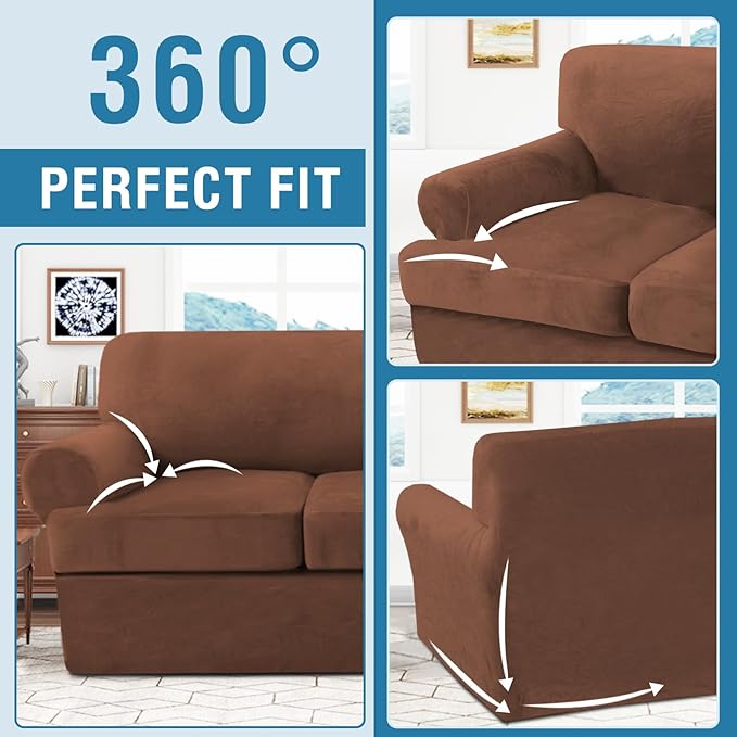 H.VERSAILTEX Sofa Cover 3 Piece T Cushion Sofa Slipcovers Thick Velvet Couch Cover Stretch T Cushion Sofa Covers for 2 Cushion Couch with 2 Individual T Cushion Covers Washable, Caramel