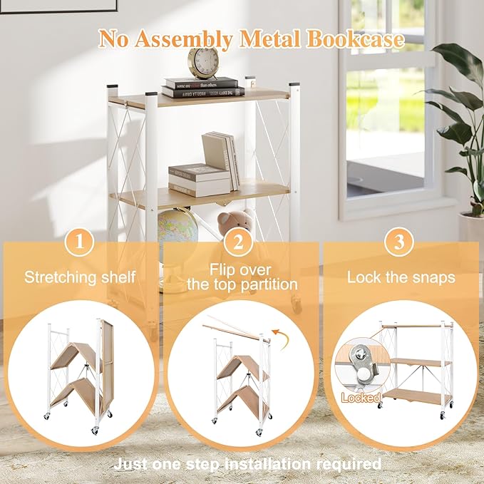 BAOYOUNI 3-Tier Vintage Industrial Bookshelf - No Assembly Folding Storage Shelf with Woodgrain Finish | Collapsible Metal Bookcase for Living Room, Office & Bedroom