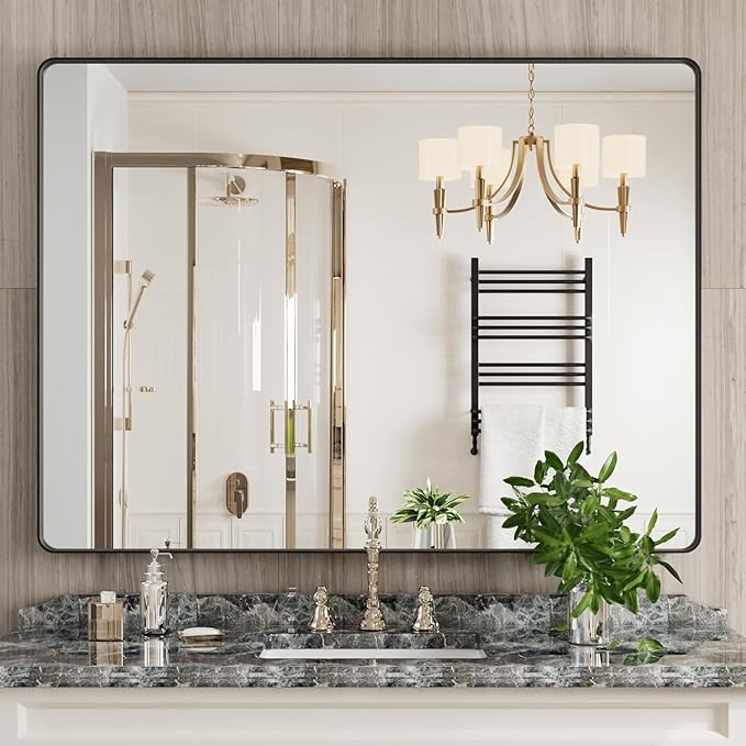 Black Bathroom Mirror 48X32 Inch, Black Metal Framed Mirror for Wall, Rounded Rectangle Matte Bathroom Vanity Mirror with Tempered Glass, Anti-Rust, Horizontal/Vertical