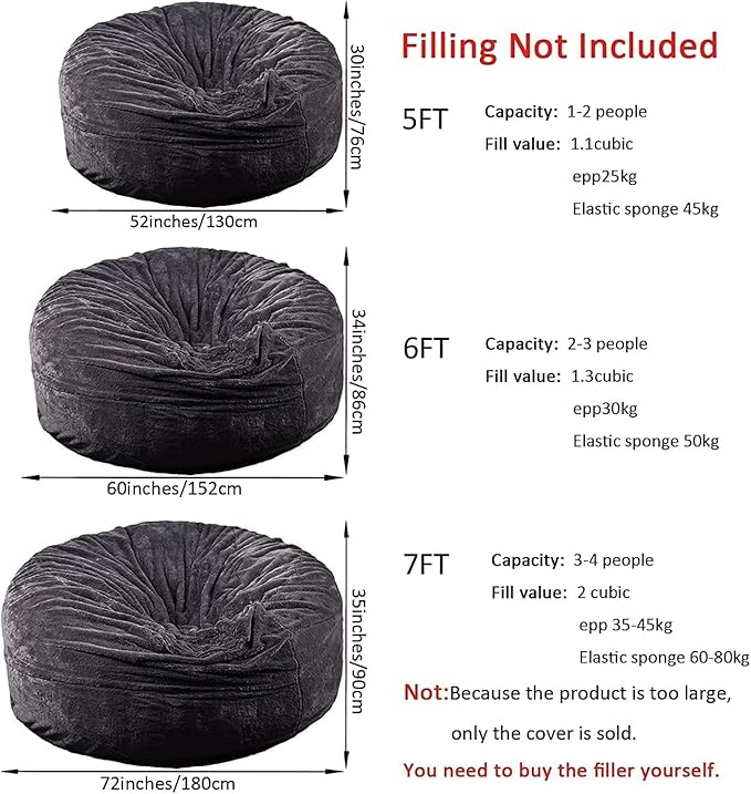 Giant Fur Bean Bag Chair Cover for Kids Adults, (No Filler) Living Room Furniture Big Round Soft Fluffy Faux Fur Beanbag Lazy Sofa Bed Cover (Black, 6FT)