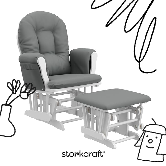 Storkcraft Premium Hoop Glider & Ottoman (White/Gray) — GREENGUARD Gold Certified Nursery Glider, Solid Wood Craftsmanship, Smooth-Gliding Nursery Chair and Ottoman, Award-Winning