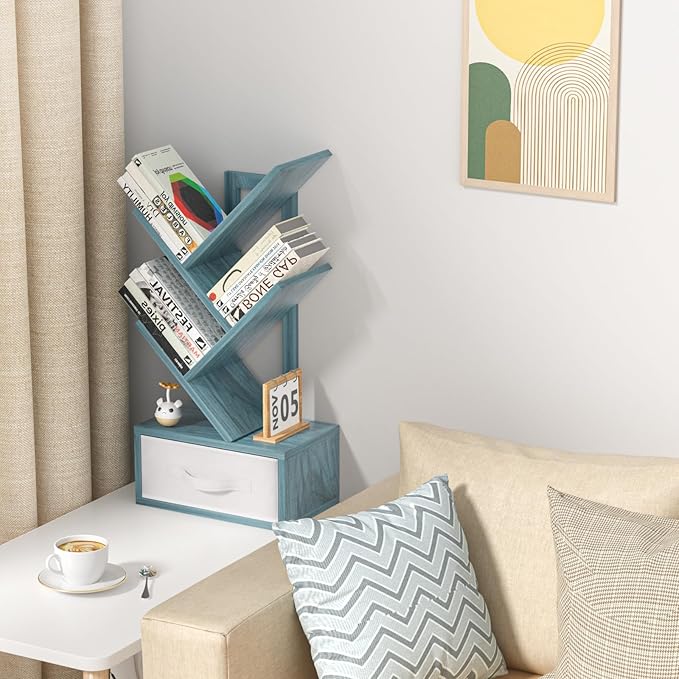 Small Book Shelf with Drawer,4 Tier Black Tree Bookshelf,Blue Desktop Bookcase,Modern Desk Display Storage Bookshelves,Floor Standing Organizer Bookcases for Living Room,Bedroom,Office