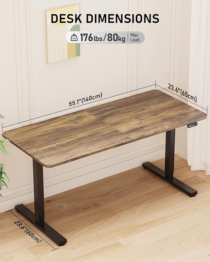 Standing Desk, Large Height Adjustable Electric Stand up Desk, 55 x 24 Inches Sit Stand Home Office Desk, with Splice Board, Black Frame/Rustic Brown Top