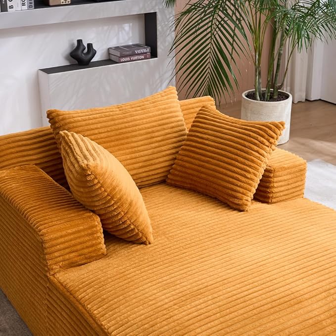 Oversized Chaise Daybed Lounge Sleeper Chair Sofa Bed Indoor, Fluffy Corduroy Upholstered Sleeper Recliner Sofabed Extra Wide Full Foam Cloud Sofabed W/3 Pillows for Home/Apartment Living Room Bedroom