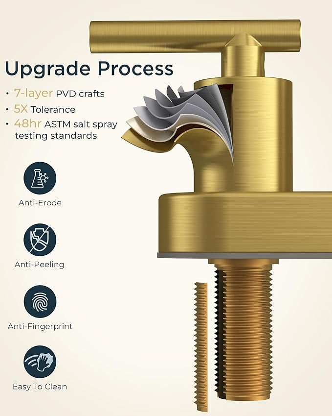 FORIOUS 4" Brushed Gold Bathroom Faucet Centerset 4 Inch, 2 Handle 2 Hole Gold Faucets for Bathroom Vanity wtih Metal Pop Up Dain, CUPC Supply Hose, High Arc Swivel Spout