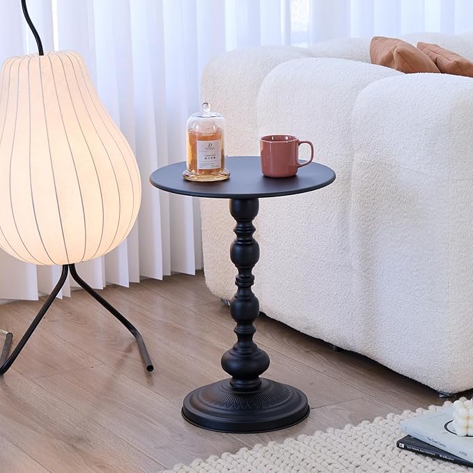 Chic Vintage Round Side Table with Elegant Roman Columns - Sturdy Metal Construction, Perfect for Coffee, End, Tea, or Leisure Use in Living Room or Bedroom Decor (Black 1 Pack)