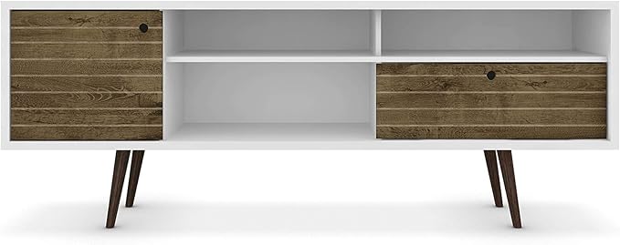 Manhattan Comfort Liberty Collection Mid Century Modern TV Stand With Three Shelves, One Cabinet and One Drawer With Splayed Legs, White/Wood, Large, Model:202AMC69