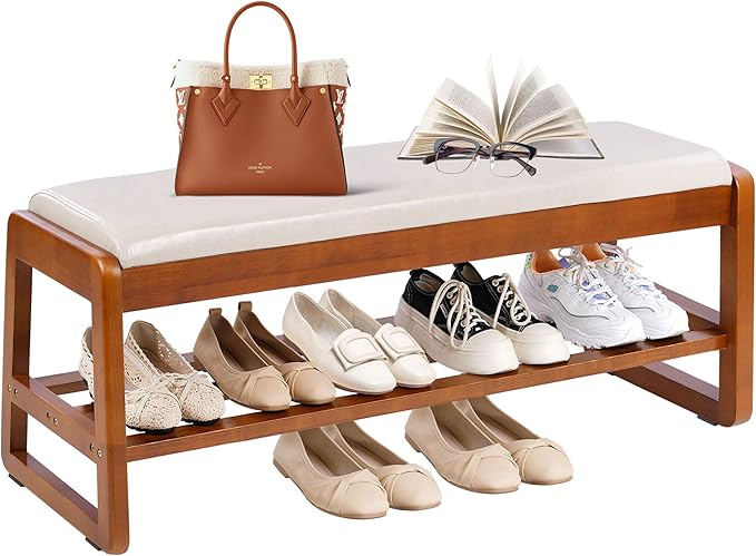 Shoe Bench Storage Rubberwood with Leather Cushion 39.4", Waterproof Easy to Clean 550LBS Organizer Shoe Rack for Entryway, Hallway, Mudroom, Front Door