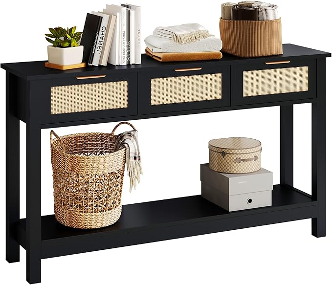 Luoxiao Entryway Console Table with 3 Rattan Drawers - Long Sofa Table Behind Couch Modern Fluted Hallway Living Room Storage Cabinet, Entry Table Open Shelf Foyer Furniture, Anti-Tip, Black, 47 Inch