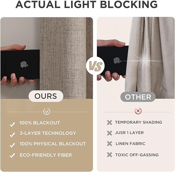 Joydeco 100% Blackout Curtains for Bedroom - Natural Linen Curtains 52"W x 72"L Long, Thermal Insulated 2 Panels Linen Light Blocking Drapes, Rod Pocket & Back Tabs, Darkening Privacy for Living Room