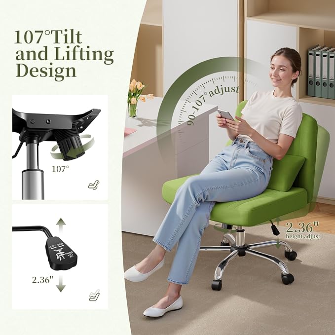 Warmiehomy Criss Cross Office Chair with Wheels, Velvet Cross-Legged Desk Chairs for Home, Height Adjustable Swivel Wide Seat Computer Chair, Morden Vanity Chair for Women, Light Green