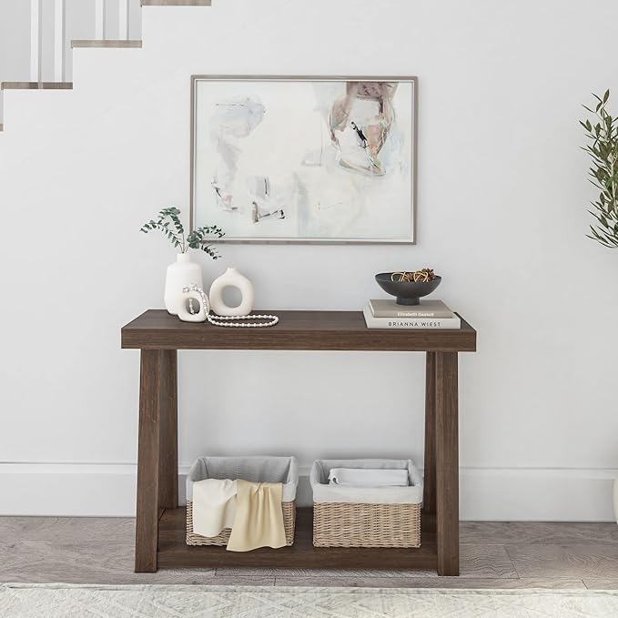 Plank+Beam Solid Wood Console Table with Storage, 46.25 Inch, Sofa Table with Shelf, Narrow Entryway Table for Hallway, Behind The Couch, Living Room, Foyer, Easy Assembly, Walnut