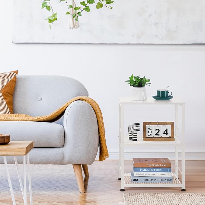 OYEAL End Table, Small Side Table Living Room, White Nightstand with 2-Tier Storage Shelf, Printer Stand Sofa Table for Small Spaces, Living Room, Bedroom, Easy Assembly
