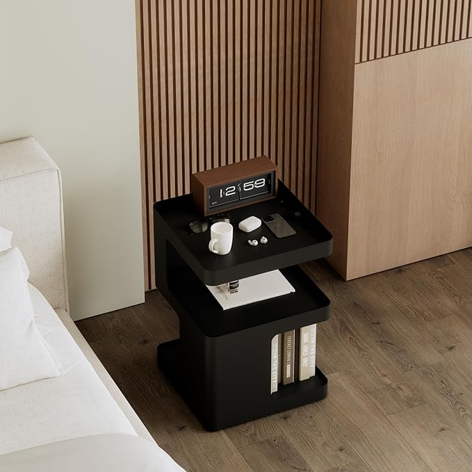 Modern Side Table,Small end Tables for Small Spaces,Black Metal nightstand,Bedside Tables,Accent Table with Storage for Couch, Bedroom,Living Room.No Assembly Required