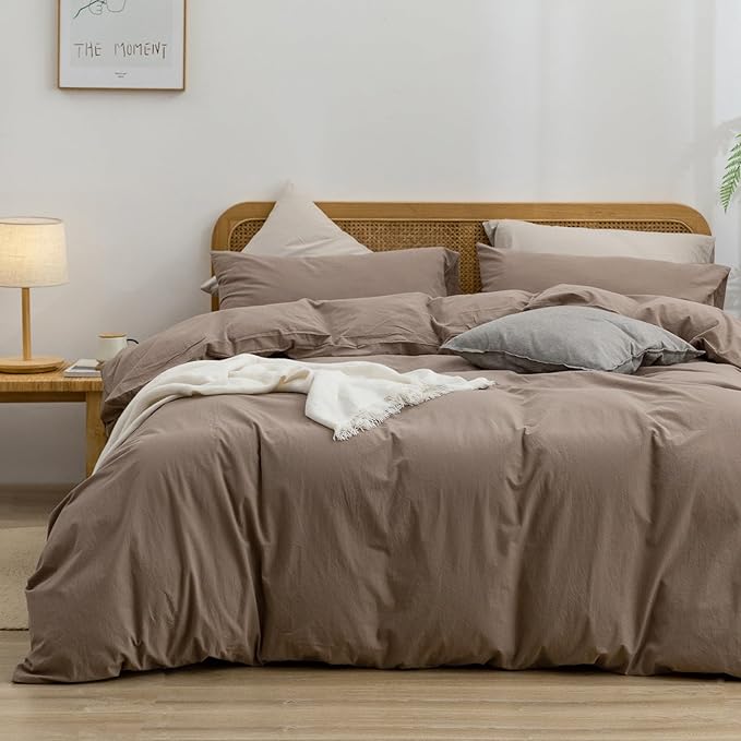 BESTOUCH Duvet Cover Set 100% Washed Cotton Linen Feel Super Soft Comfortable Chic Lightweight 3 PCs Home Bedding Set Solid Pine Bark Brown Super King