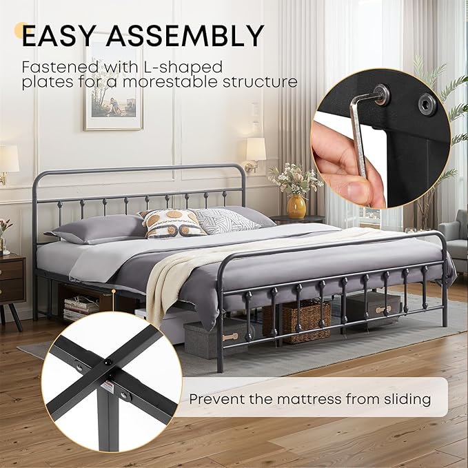 Full Size Bed Frame-Classic Metal Platform Bed Frame Mattress Foundation with Victorian Style Iron-Art Headboard/Footboard/Storage Space/No Box Spring Needed/Black