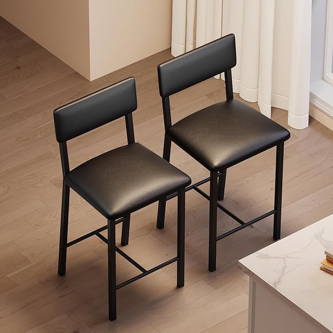 GarveeHome Bar Stools Set of 2, Counter Stools with Back and Thickened Metal Legs, Upholstered PU Leather Counter Height Barstools with Footrest, for Kitchen Island, Bar, Black