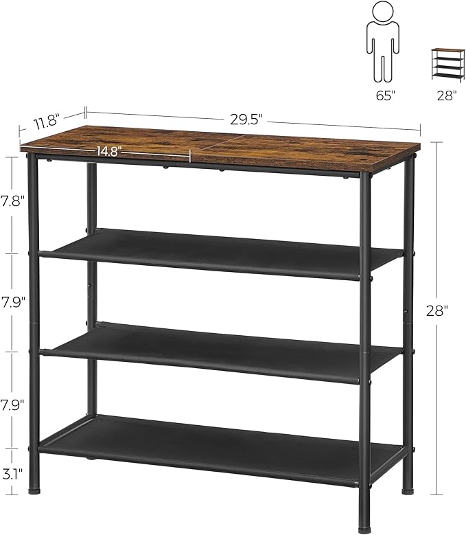 VASAGLE Shoe Rack, 4-Tier Shoe Storage Organizer for Entryway and Closet, Holds 9-12 Pairs of Shoes, 3 Fabric Shelves, Steel Frame, Industrial, Rustic Brown and Black ULBS035B01