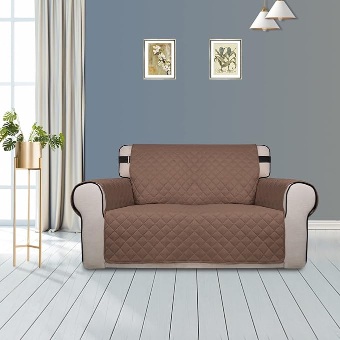 PureFit Reversible Sofa Cover Water Resistant Loveseat Couch Cover, Machine Washable Furniture Cover with Non-Slip Foam and Adjustable Strap for Dogs, Pets (Loveseat, Brown/Beige)