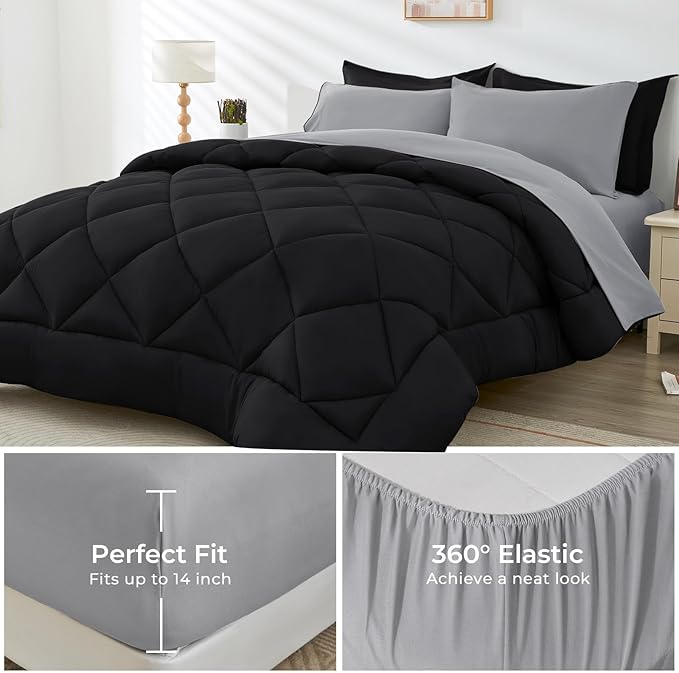 HEVUMYI Cali-King Comforter Set - 7-Piece All Season Bed in a Bag Cali-King, Ultra Soft Bedding Set with Comforter, Flat Sheet, Fitted Sheet, Pillowcases, Pillow Shams, Black & Light Grey