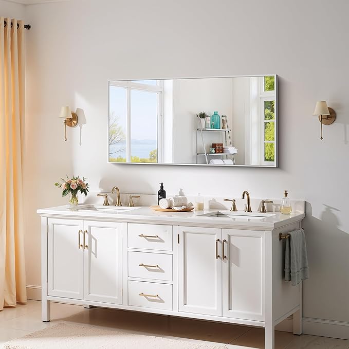 YIROMAN Bathroom Mirror 48"x24", Large Brushed Silver Bathroom Mirror for Over Sink with Aluminum Frame, Rectangular Vanity Mirror with Right Angle, Wall Mirror Hangs Horizontal or Vertical