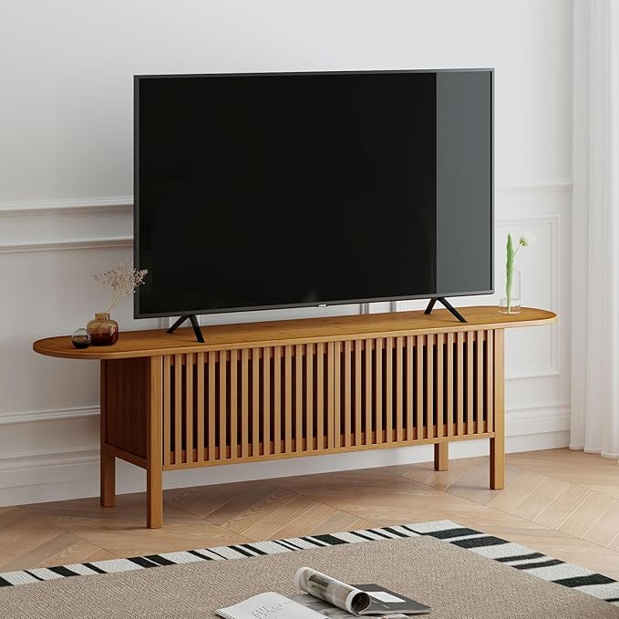 HollyHOME Bamboo TV Stand with Storage for TVs up to 65", Modern Entertainment Center with Fence Door, Accent TV Table with 2 Shelf, Media Console TV Stand for Living Room, Bedroom, Walnut