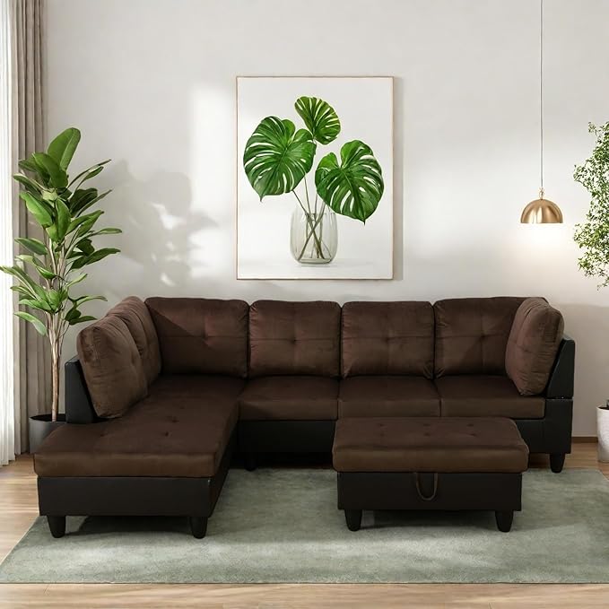 Modern Living Room Furniture Sets with Pillows, Modular Sectional Couches with Chaise Lounge, 4-Seaters L Shape Sofa with Storage Ottoman, for Living Room, Brown