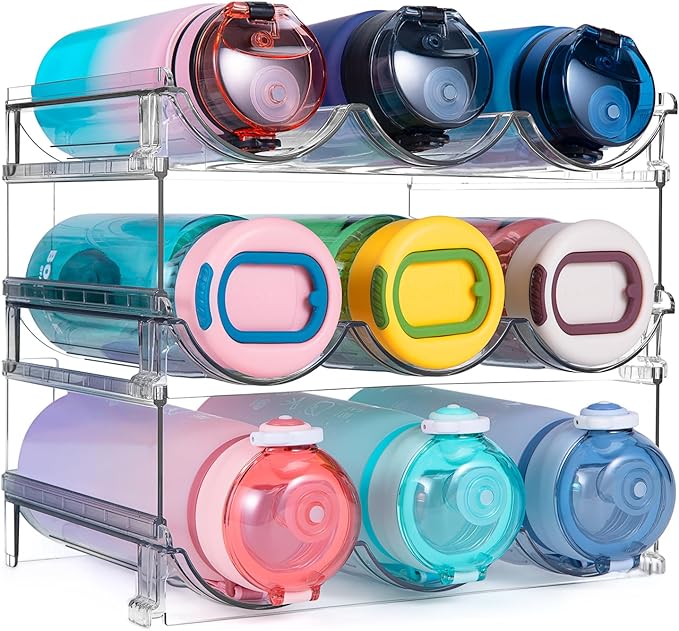 Water Bottle Organizer for Cabinet, 3 Pack Water Bottle Organization and Storage Shelf, Plastic Water Bottle Holder Rack for Fridge, Kitchen, Desktop