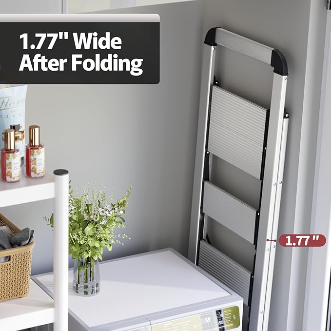 KINGRACK Aluminium 5 Step Ladder, Lightweight Step Stool with Non-Skid Pedals, Handrail, Foldable Step Ladder for Kitchen, Garage, Home, Space Saving, Sturdy and Portable, Silver