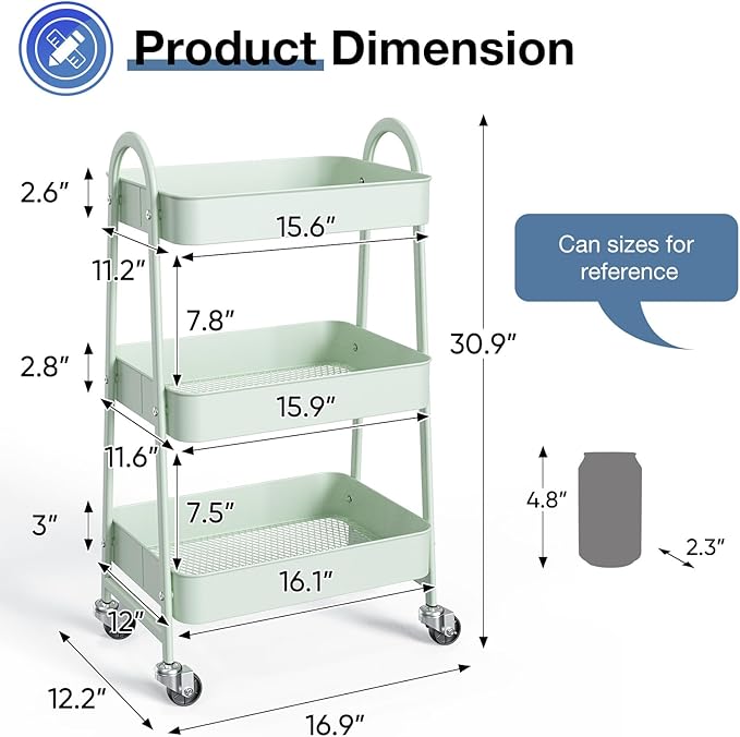 OLIXIS 3 Tier Utility Rolling Cart with Lockable Caster Wheels, Metal Mobile Storage Shelf, Organization for Livingroom, Bathroom, Kitchen, & Narrow Places, Pale Green