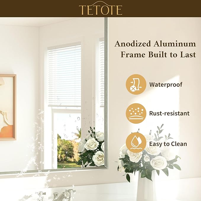 TETOTE Brushed Nickel Bathroom Mirror for Over Sink 40" x 24" Brushed Nickel Beveled Framed Rectangle Vanity Mirror for Bathroom, Bedroom, Entryway, Living Room, Tempered Glass, Stronger Frame