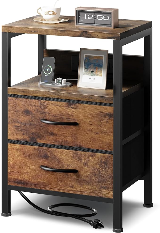 NightStand Bedside Charging Table Bedroom - Brown Night Stand with Charger Station, Modern Bed Side End Table with Open Shelf & 2 Fabric Drawers, USB-C USB Ports & AC Outlets for Dorm, Living Room
