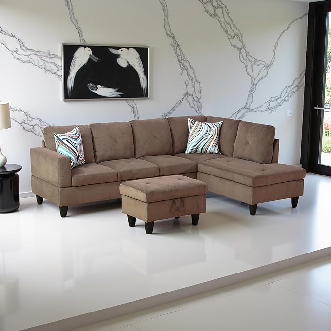 Couches for Living Room Modern L Shaped Couch Comfy Sackcloth Fabric 3 Pieces Sectional Sofa with Chaise, Ottoman with Storage for Office and Small Apartment, Brown