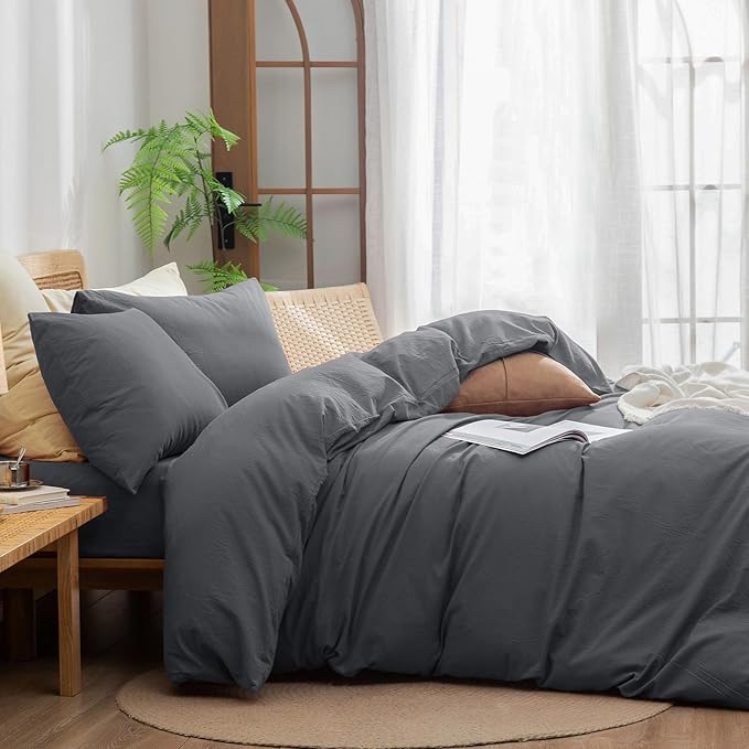 BESTOUCH Duvet Cover Set 100% Washed Cotton Linen Feel Super Soft Comfortable Chic Lightweight 3 PCs Home Bedding Set Solid Quiet Shade Grey King